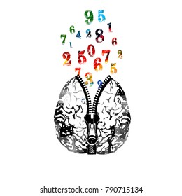 Human brain with zipper and colorful numbers vector illustration. Creativity concept with numbers