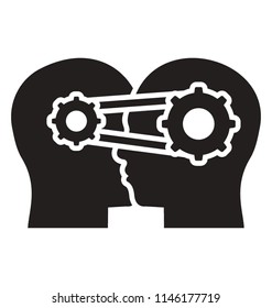 Human brains graphic having interconnected gears symbolizing knowledge transfer 