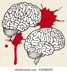 Human brains on a beige background with splattered blood drops