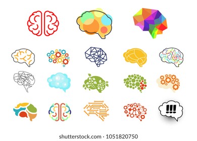 Human brains in various styles. Mind icons set. Elements for logo, web site, app, print, presentation, advertising poster or banner. Colorful vector illustration