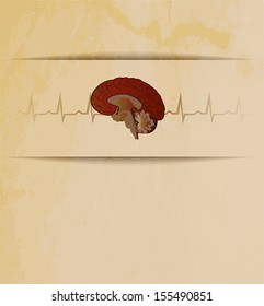 Human brains. Vintage design. Cardiogram.