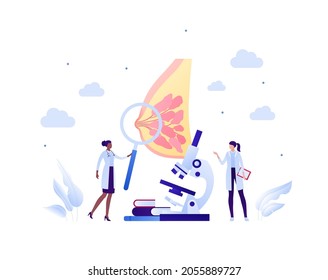 Human Breast Cancer Checkup Concept. Vector Flat People Medical Illustration. Female Doctor Research Team With Microscope And Magnifier Glass. Design For Healthcare, Oncology, Awareness Month.