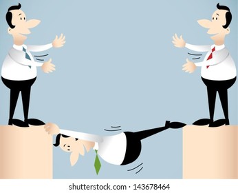 Human bridge.Vector illustration on two businessman linked together by a human bridge.