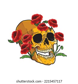 human broken skull with poppy flowers