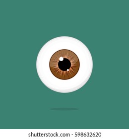 Human brown eye isolated on dark green background. Eyeball iris pupil vector Illustration