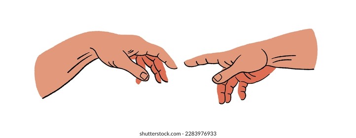 Human brushes pointing at each other. Stylized hands with frescoes by Michelangelo for your design. Vector illustration on a light background.