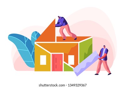 Human Builder Construction Color Home. Man in Process Installation Roof in House. Person Foreman Carry New Part Material for Build Work. Stage Project Building. Flat Cartoon Vector Illustration