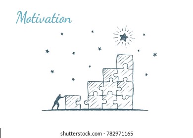 Human builds a ladder of puzzles to get a North Star. Vector business concept illustration, hand drawn sketch. Motivation