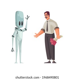 Human with bunch of flowers greeting humanoid cartoon isolated vector illustration
