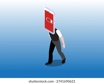Human Burnout and Low Battery Smartphone Addiction 3d isometric vector illustration