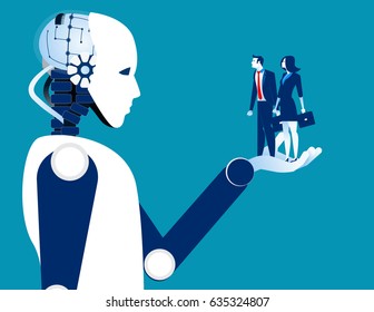 Human Business In Robotic Hand. Concept Robot And Automation Vector Illustration.