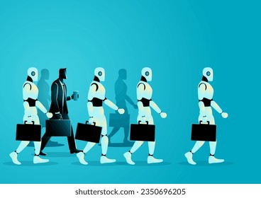 Human businessman amidst a crowd of robots, carrying a briefcase and coffee cup. Symbolizes the coexistence of human ingenuity and technological advancements in the modern business and industry