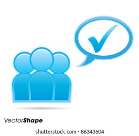 Human businessman figurines thinking with check mark inside a communication bubble, web application icon, approved idea concept, vector illustration