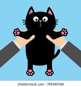 Human businessman hand holding black cat. Adoption helping hands concept. Flat design. Blue background. Vector