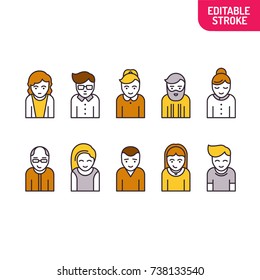 Human busts in a linear style. A set of male and female people faces and busts. Can be used for web design and mobile application. Vector illustration