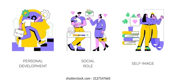 Human capital abstract concept vector illustration set. Personal development, social role, self-image, gender stereotypes, career growth, self improvement, coach, modern family abstract metaphor.