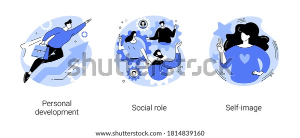 Human capital abstract concept vector\
illustration set. Personal development, social role, self-image,\
gender stereotypes, career growth, self improvement, coach, modern\
family abstract\
metaphor.