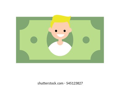 Human capital conceptual illustration. A portrait of young successful blonde character on a banknote / flat editable vector illustration