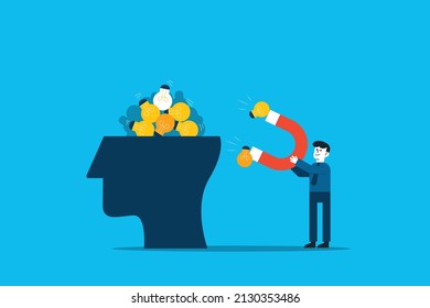 Human Capital Flight Brain Drain Concept. Vector Of A Human Head Filled Up With Bright Light Bulbs Ideas Being Attracted With Magnet By Corporate Business