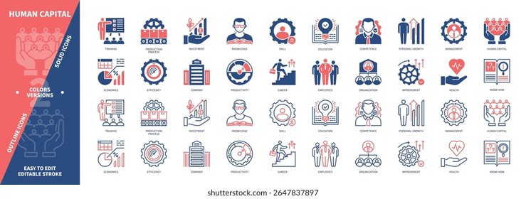 Human Capital icon set. Production Process, Employee, Know-How, Education, Skills, Knowledge, Health, Earnings. Duotone color solid and editable outline icons