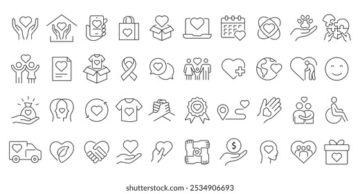 Conjunto de ícones Human Care e Charity. contendo Amor, amizade, cuidado, caridade e mais .editável traço fino ícone coleção .isolado no fundo branco ilustração vetor plana