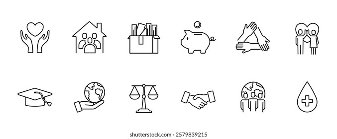 Human care icons set. Hands with heart and planet. Volunteering and charity. Generosity and kindness. UI and UX design elements for website. Flat vector collection isolated on white background