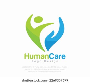  Diseño del logo para el cuidado humano con el corazón y la mano de una pareja