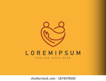 Human care logo design. Vector illustration of lovers with hearts. Modern logo design with line art icon style.