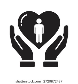 Human care support icon symbol solid glyph vector for social protection charity and hands holding person heart shape love