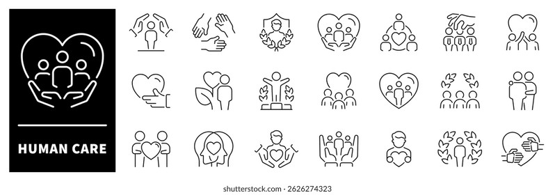 Ícones vetoriais do Human Care.  Ícones do Human Care definidos no estilo de linha. Conjunto de ícones de linha fina relacionados a Cuidados Humanos e Caridade. Voluntariado, Ajuda Social, Apoio, Ajuda, Bondade e Relações Amigáveis