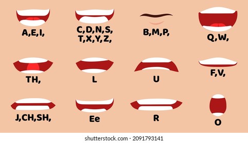 Human Cartoon Character Talking Mouth And Lips Expressions Vector Animations Poses Mouth Talk Animation Movement Practice English Say Disassembled Separated Letter Illustration
