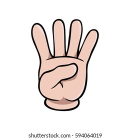 Human cartoon hand showing four fingers or the number 4
