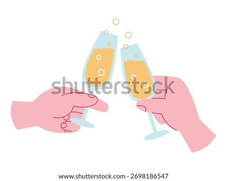 A Human Cartoon Hands Holding a Wine glass, Champagne flute, Cocktail, and Making Toasts. Celebrating Christmas or New Year's or Friday party or Summer aperitif. Flat Cartoon style