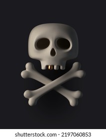 Human cartoon skull with golden tooth and crossbones on black background. 3d render skull. Vector illustration.