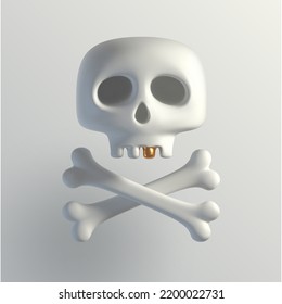 Human cartoon skull with golden tooth and crossbones. 3d render skull. Vector illustration.