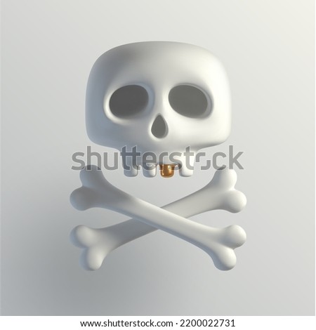Human cartoon skull with golden tooth and crossbones. 3d render skull. Vector illustration.