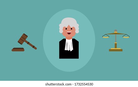 Human cartoon vector icon in judge uniform inside circle isolated on background with judge gavel and balance on both side, flat vector icon for web graphic design, judgement concept, space for text