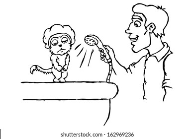 Human and cat. A man washes the cat in the shower. Vector illustration.
