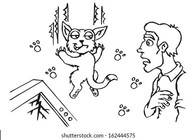 Human and cat. Naughty pet and surprised by the owner. Vector illustration.