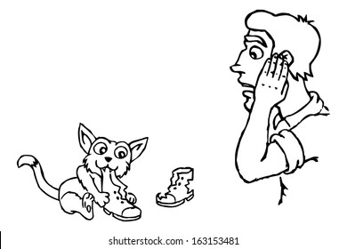 Human and cat. Naughty pet and surprised by the owner. Vector illustration.