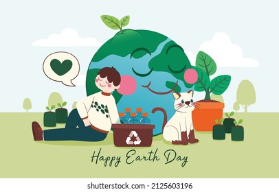 Human And Cat Sit Next to The Earth With Happy Face, Vector, Illustrator, Earth Day