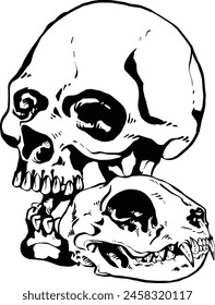 Human and cat skull animal lovers tattoo idea vector art black and white