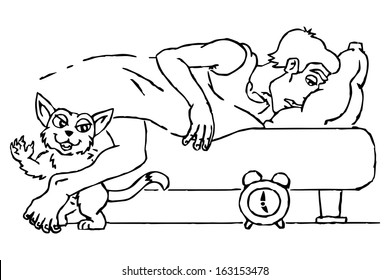 Human and cat. Cat wakes her owner. Vector illustration.