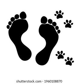 Human and cats or dogs footprints silhouettes