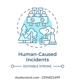 Human caused incidents soft blue concept icon. Type of critical events. Travel risk management. Round shape line illustration. Abstract idea. Graphic design. Easy to use in promotional material