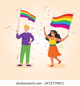 human celebrate pride month festival hold flag rainbow