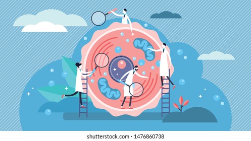 Ilustração vetorial de células humanas. Conceito de pessoas de microbiologia estilizada minúscula plana. Os cientistas examinam e pesquisam a estrutura dos blocos vitais. Laboratório para unidade básica estrutural, funcional e biológica.