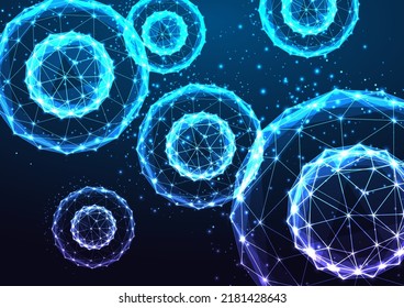 Human cells under microscope on dark blue backgound in futuristic glowing low polygonal style