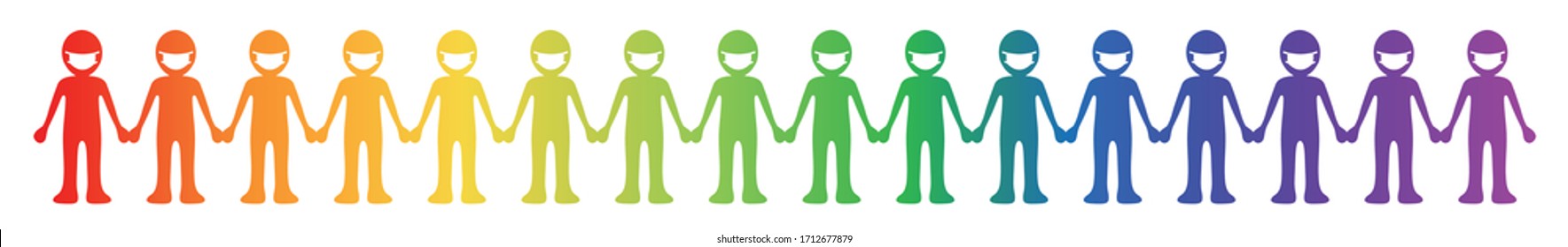 Human Chain With Face Masks In Rainbow Colors / Vector