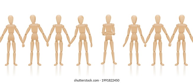 Human chain with maverick figure who does not hold hands. Symbol for refuser, outsider, denier, loner, contrarian, lateral thinker, protester, individualist, downshifter, dropout.
